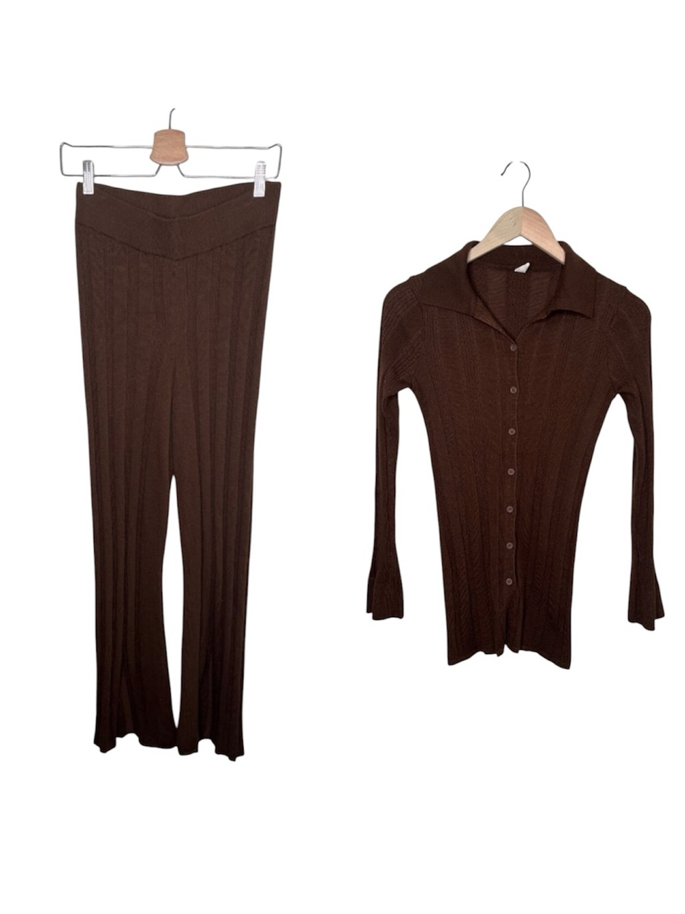 Anthropologie Daily Practice Brown Ribbed Knit Flare 2 piece Set XS/S